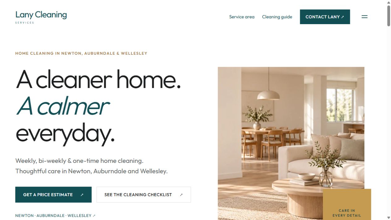 Visual do site desenvolvido para Lany Cleaning, com sala iluminada e apresentação dos serviços